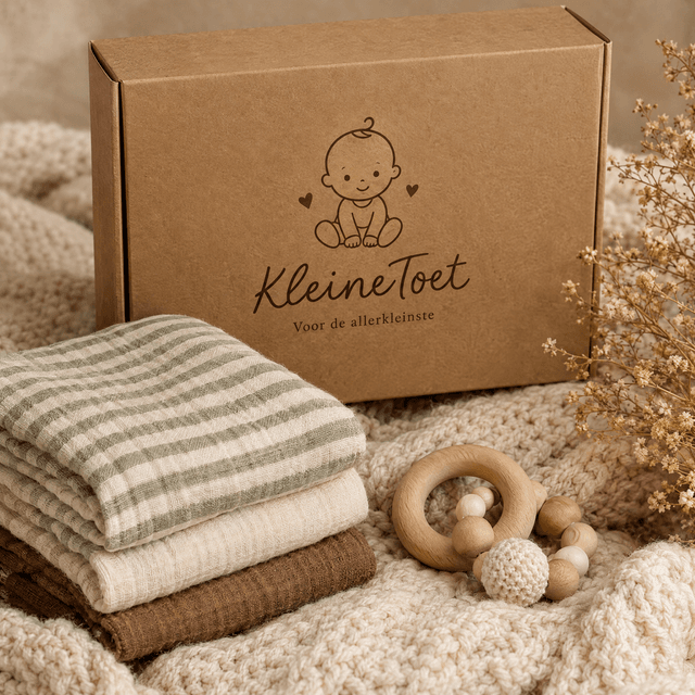 KleineToet cadeaudoos met hydrofiele doekjes en houten bijtring